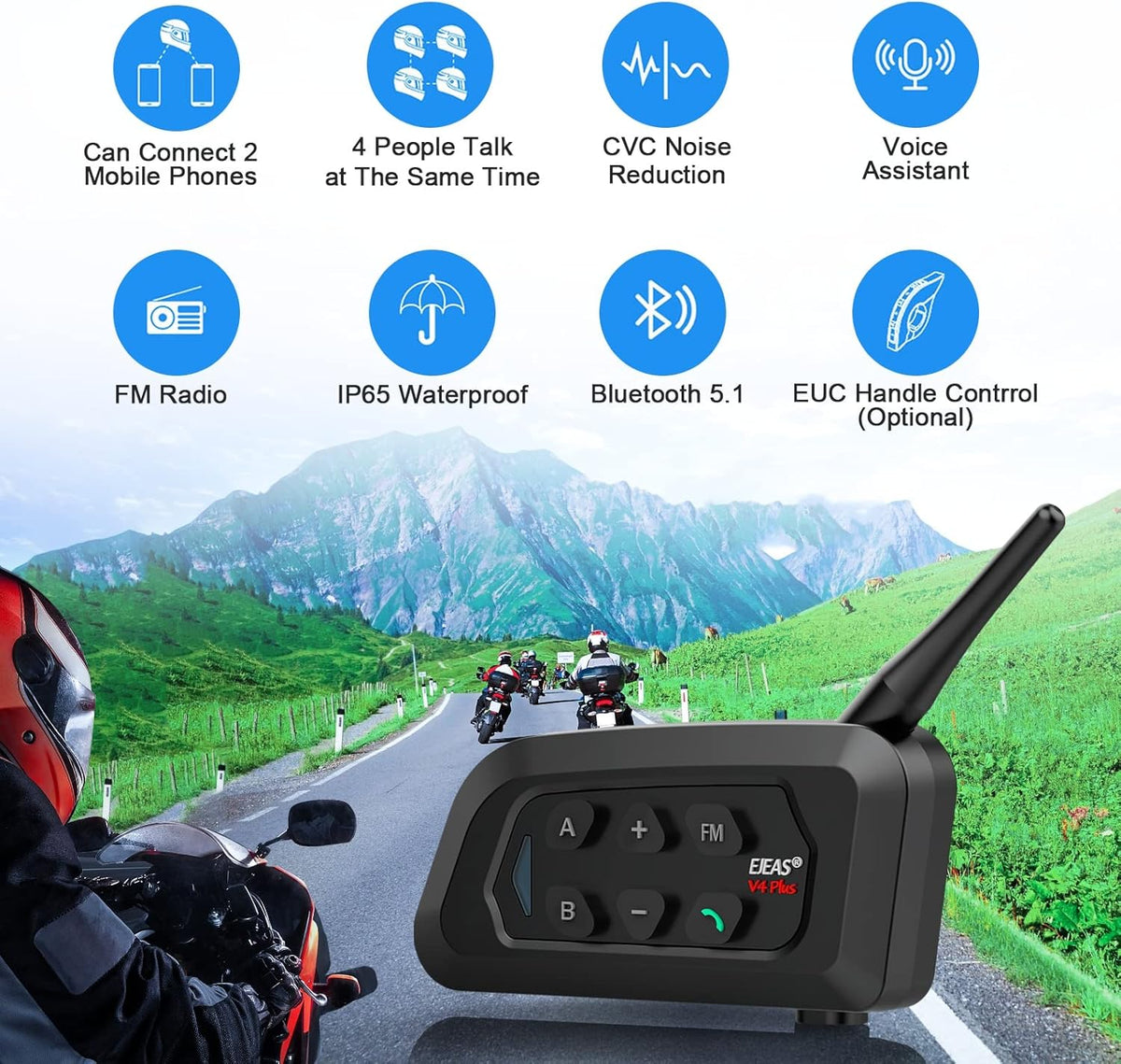 EJEAS V4C Bluetooth intercom headset, waterdicht, communicatiesysteem voor 4 personen, binnen bereik van 1500 m, motorhelm, intercominstallatie, compatibel met EUC-afstandsbediening, USB-C (2 stuks)