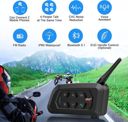 EJEAS V4C Bluetooth intercom headset, waterdicht, communicatiesysteem voor 4 personen, binnen bereik van 1500 m, motorhelm, intercominstallatie, compatibel met EUC-afstandsbediening, USB-C (2 stuks)