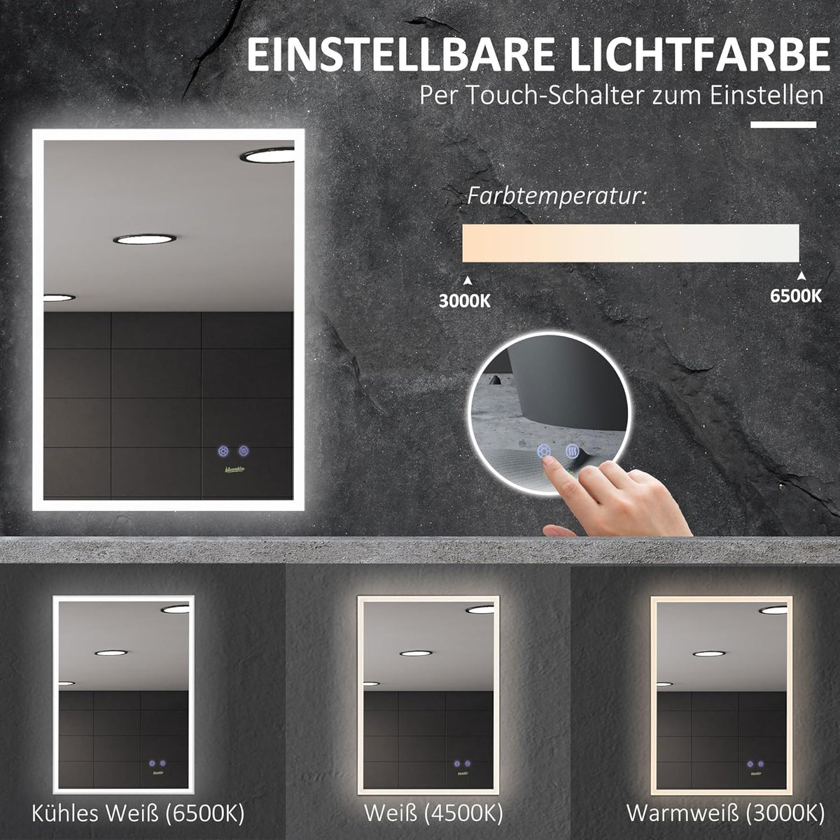 Badkamerspiegel – Wandspiegel – LED Spiegel – Anti-Condens Spiegel – Verlichte Spiegel – Dimbaar – Aluminium – 70x50 cm - QUORE