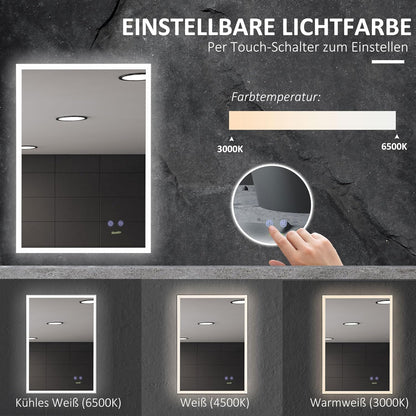 Badkamerspiegel – Wandspiegel – LED Spiegel – Anti-Condens Spiegel – Verlichte Spiegel – Dimbaar – Aluminium – 70x50 cm - QUORE