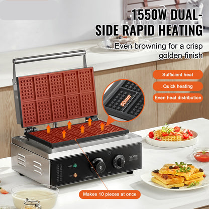 Wafelijzer – Wafelmaker – Wafelapparaat – Wafelmachine – Wafelpaneel – 10 Rechthoekige Wafels – 1550W Roestvrij Staal