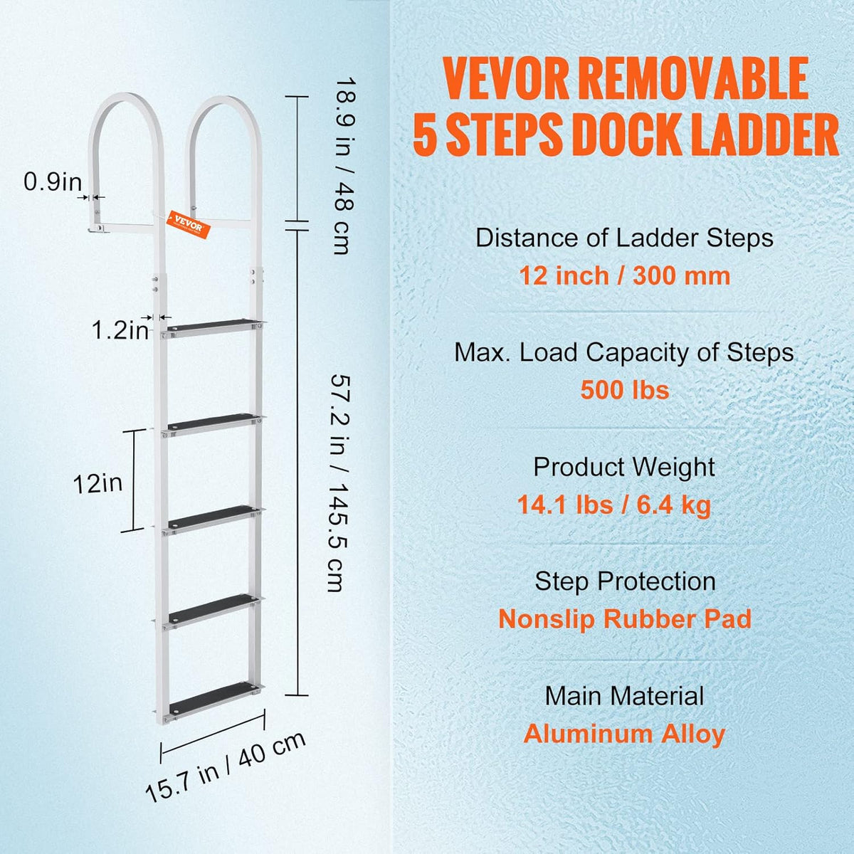 VEVOR Dockladder 5 afneembare treden, 227 kg draagkracht, pontonbootladder van aluminiumlegering met 8 cm brede trede en antislip rubberen mat, voor het instappen in schepen/meren/zwembaden/zeeën