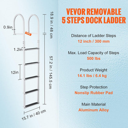 VEVOR Dockladder 5 afneembare treden, 227 kg draagkracht, pontonbootladder van aluminiumlegering met 8 cm brede trede en antislip rubberen mat, voor het instappen in schepen/meren/zwembaden/zeeën