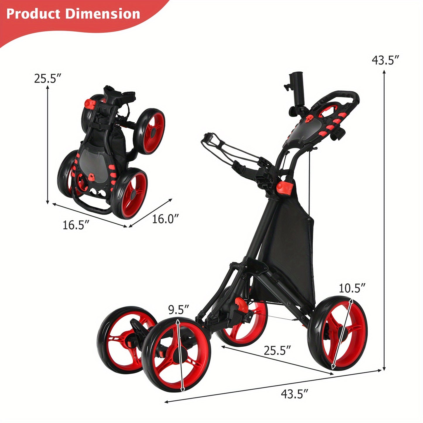 Golfkar – Golfwagen – Golftrolley – Golfbuggy – Golfkarretje – Lichtgewicht Polypropyleen Frame – Verstelbare Handgreep Met Voetrem – Rood/Zwart