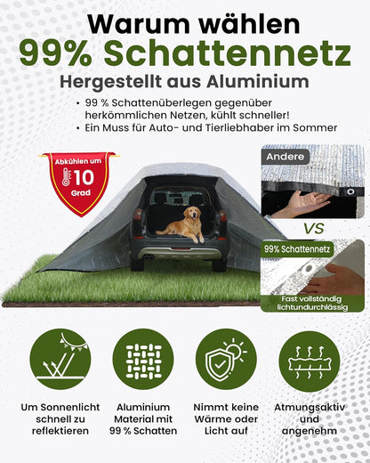 Schaduwnet, 6 x 6 m, 99% aluminium, hittebescherming, zonweringsnet met elastisch koord, nylon touw, spijker, als uv-bescherming, geschikt voor buiten, binnenplaats, auto, dieren