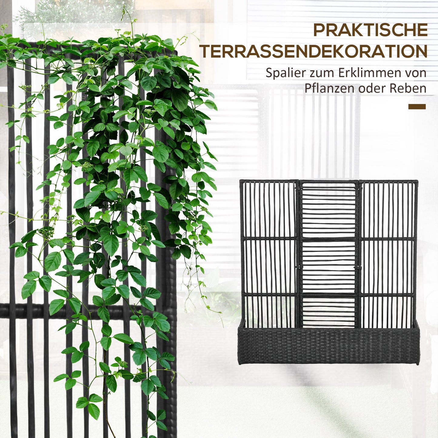 Bloempot – Plantenbak – Plantenbak Met Klimrek – Verhoogde Bloembak – Bloemenbak – Weerbestendig Poly Rattan – 103x103x29 cm Zwart