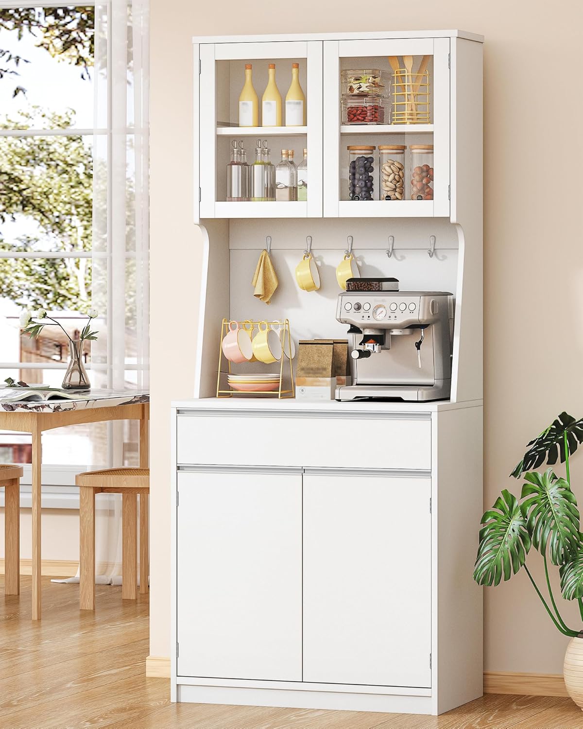 Hzuaneri Kitchen Cabinet, Buffet Cabinet, Tall Cabinet with Worktop and 4 Storage Compartments, Adjustable Shelves, Suitable for Kitchen or Living Room, 40 x 75 x 180 cm, Hemp White, PT40003XV1