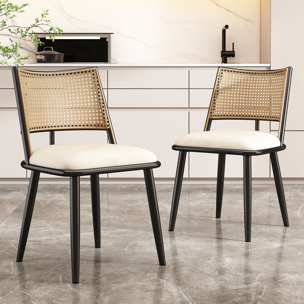 Modern Black Accent Chair with PU Cushioned Seat & Wicker-like Rattan Backrest - Sturdy Metal Frame, Beige/Black Color Options - Easy Assembly Non-Wood Furniture for Living Room, Bedroom, - Durable Comfortable Armchair