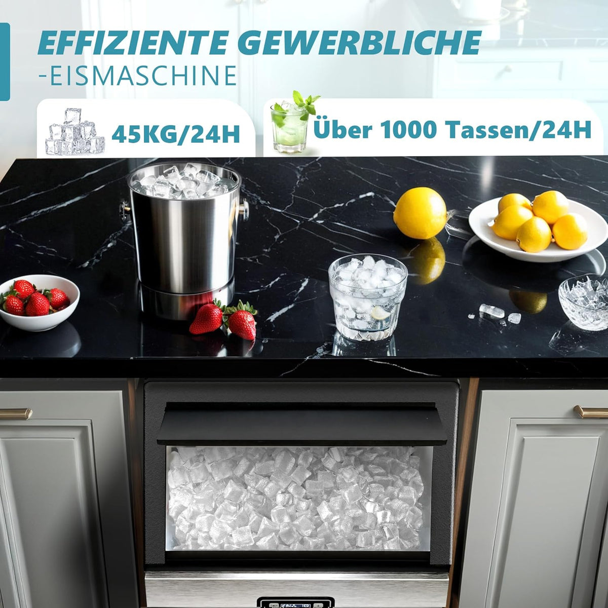 EUHOMY Commerciële ijsblokjesmachine, 45 kg/24 uur, roestvrij staal, ondertafel-ijsmachine met 15 kg ijsopslagcapaciteit, vrijstaande ijsmachine met timer, ideaal voor bars, drankwinkels en grote