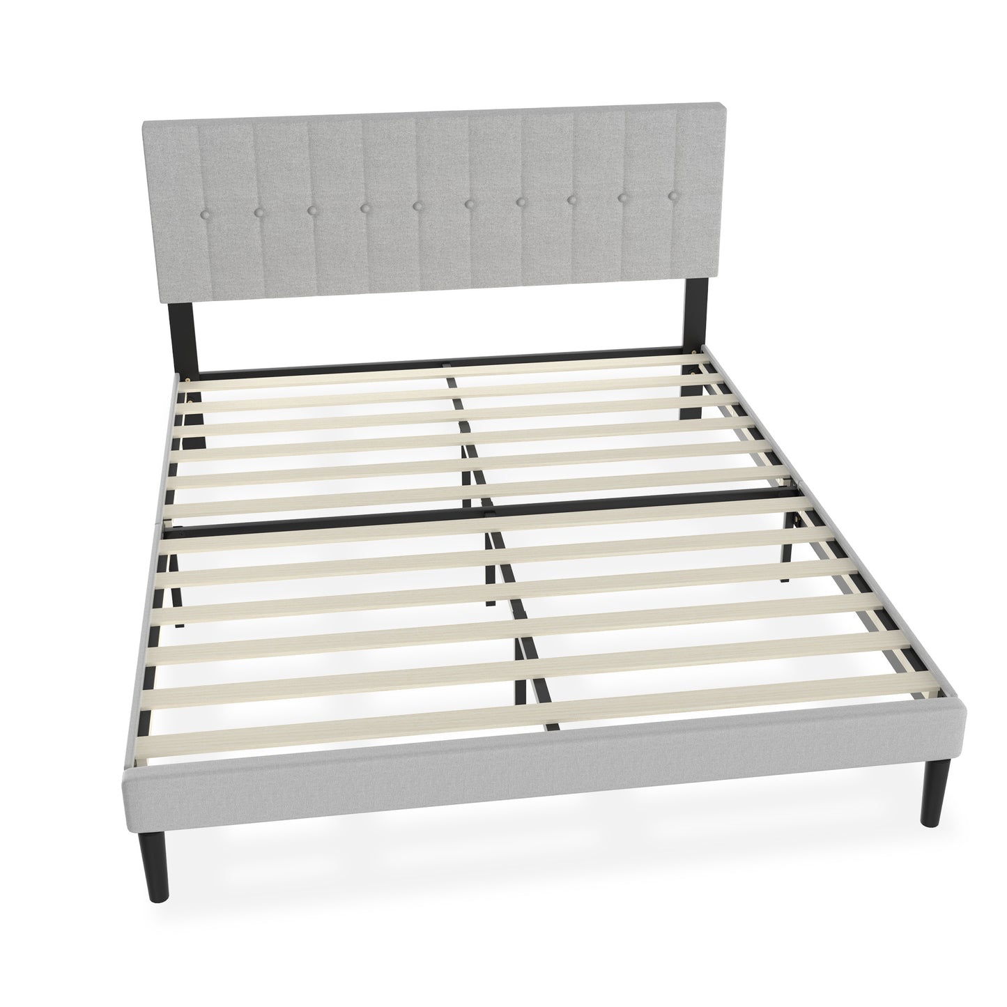 Bedframe – Gästebett – Metalen Bed – Stijlvol Bed – Modern Bedframe – Linnen Hoofdbord – 12 Lattenbodems – Max Draaggewicht 300 kg – Stevig Metalen Frame – Lichtgrijs