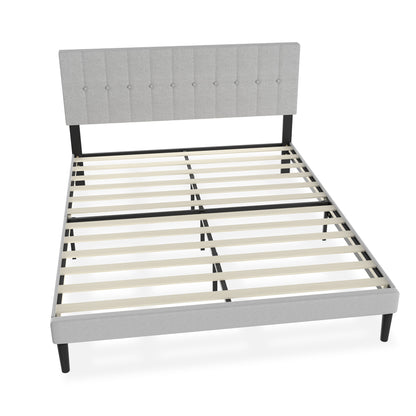 Bedframe – Gästebett – Metalen Bed – Stijlvol Bed – Modern Bedframe – Linnen Hoofdbord – 12 Lattenbodems – Max Draaggewicht 300 kg – Stevig Metalen Frame – Lichtgrijs