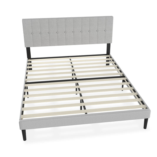 Bedframe – Gästebett – Metalen Bed – Stijlvol Bed – Modern Bedframe – Linnen Hoofdbord – 12 Lattenbodems – Max Draaggewicht 300 kg – Stevig Metalen Frame – Lichtgrijs
