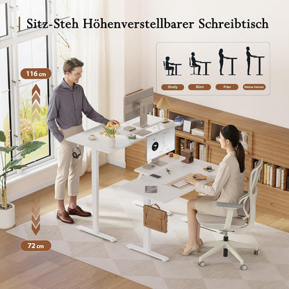 Klicelor In hoogte verstelbaar bureau met beweegbare monitorstandaard, 140x60cm, Zit-Sta bureaux met 2 geheugenknoppen, 3-delige tafelblad, Computertafel, Wit