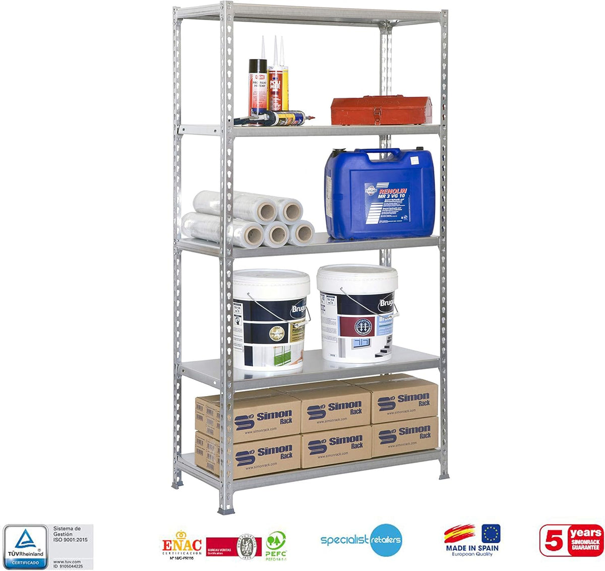 Simon Rack Stellingkast Metaal, 1800x900x500 mm, Buigpunt 180, 5 Verstelbare Niveaus, Metalen Planken, Robuust Opslagrek voor Garage, Kelder en Werkplaats, Gegalvaniseerd – SimonClick