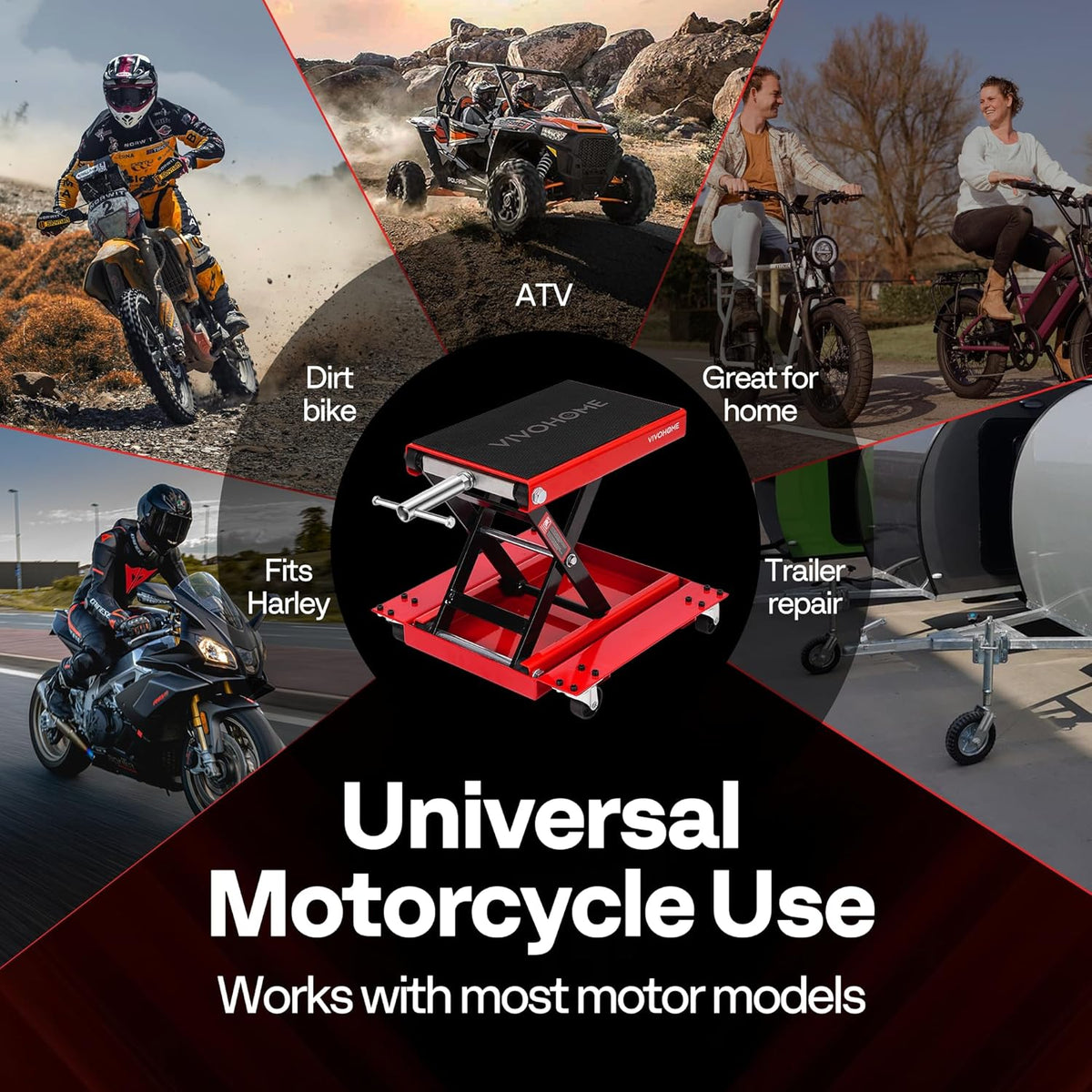 VIVOHOME Motorfietslift Jack Schaarlift 500kg Zware Stalen Brede Dekstandaard Takel met Dolly en Handkruk voor ATV Fietsen Garage Reparatie Rood