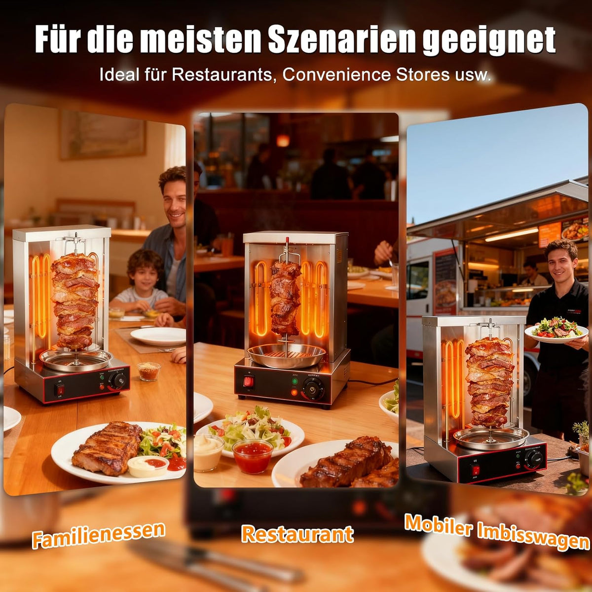 DöNer Verticale multigrill met grote capaciteit, eenvoudig te bedienen temperatuurregelaar, 360° draaibare verticale grill, rookvrij, instelbare warmte, geschikt voor thuis, barbecue, restaurant en