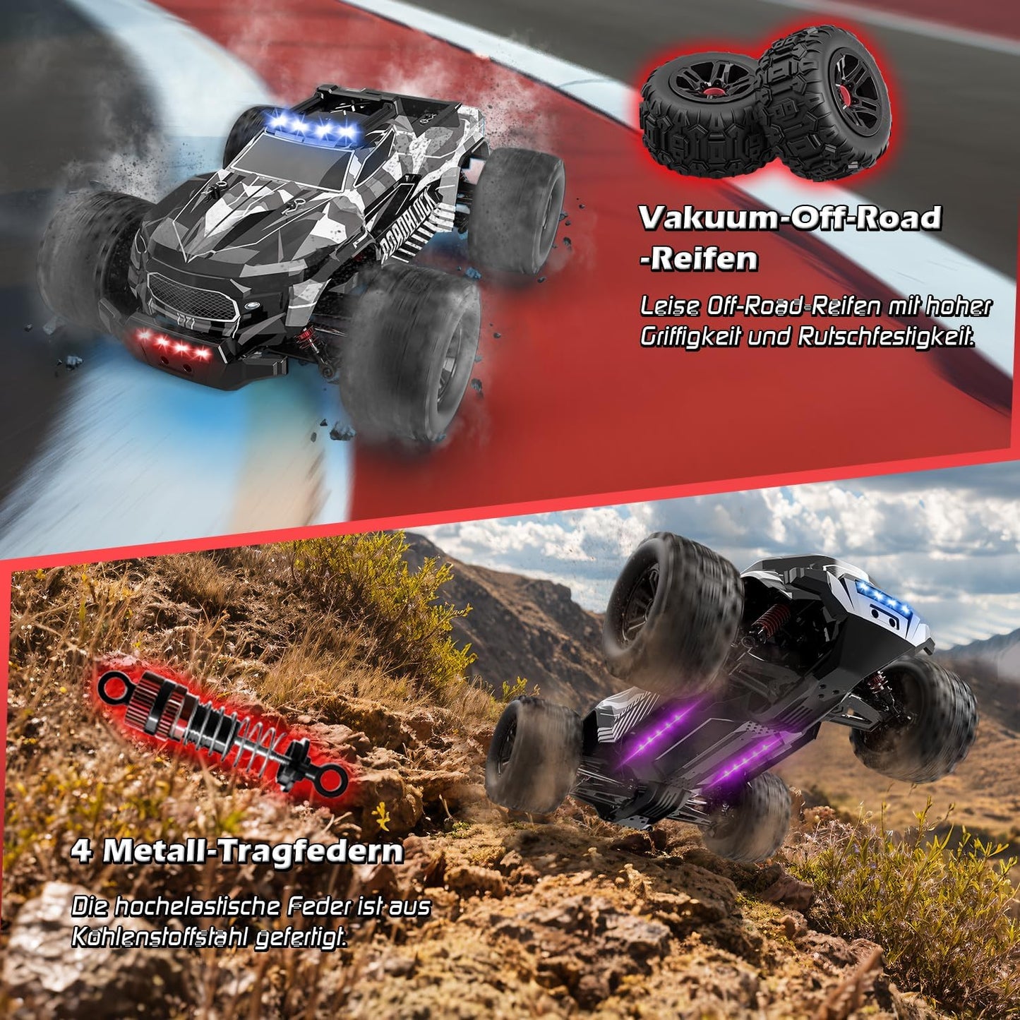 Op Afstand Bestuurde Auto, 1/14 RC Monstertruck Met 7 Kleuren Lichten, 40 km/u, 2,4 GHz, Offroad Met Twee Batterijen, 4WD Waterdichte RTR All Terrain Buggy Voor Kinderen