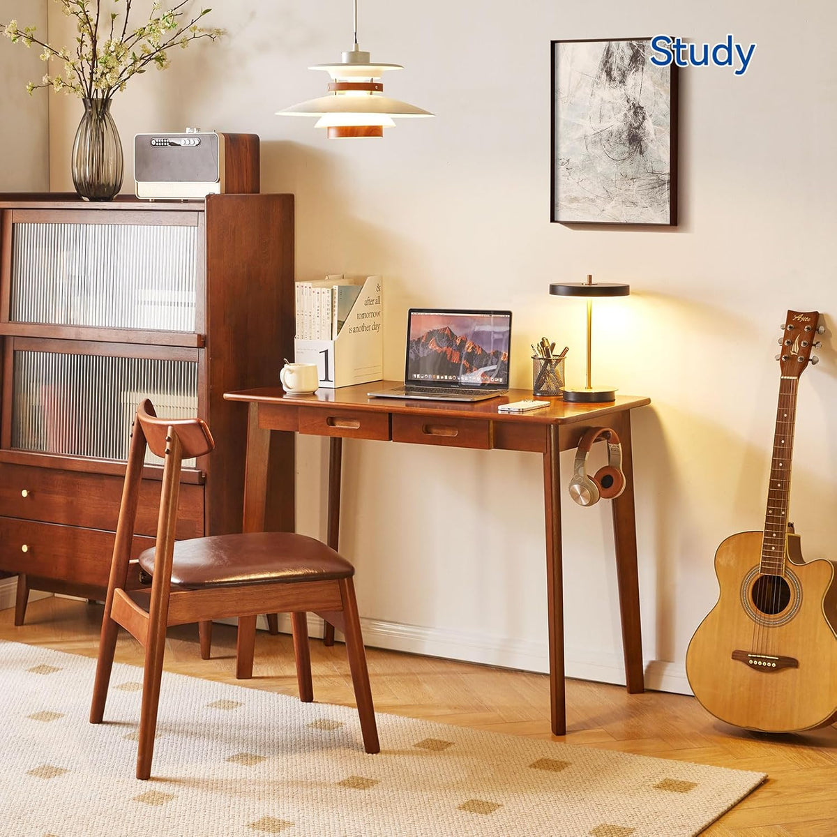 Massief Houten Bureau, Schrijfbureau, Kleine Kantoortafel met Laden, 39x20x30inch Computerbureau met Opslag en Hangstang voor Thuiskantoor, Rustiek Bruin YD-WD01H