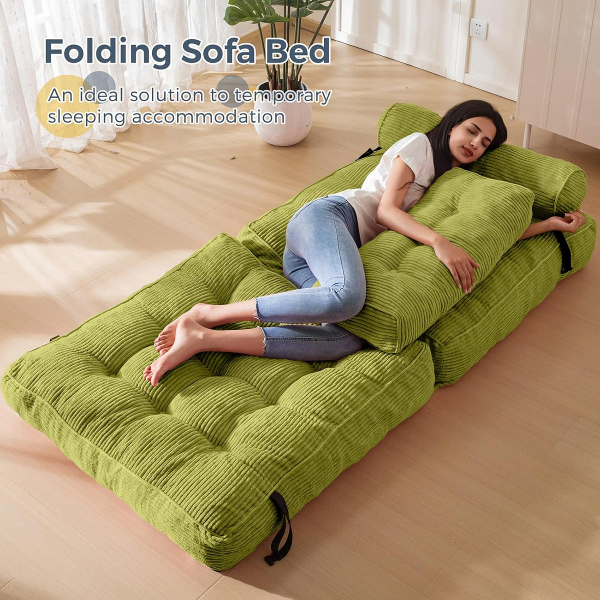 MAXYOYO Opvouwbare slaapbank, converteerbare slaapstoel met kussen, matras met rugsteun, draagbaar stoelbed, comfortabele vloerbank-lounge voor woonkamer, slaapkamer, groen