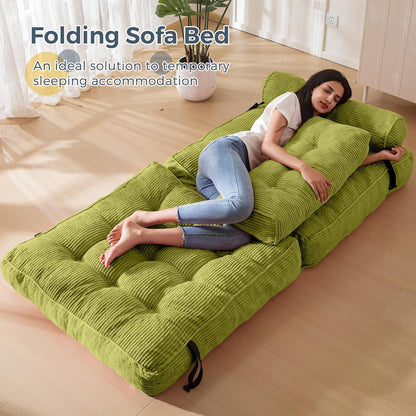 MAXYOYO Opvouwbare slaapbank, converteerbare slaapstoel met kussen, matras met rugsteun, draagbaar stoelbed, comfortabele vloerbank-lounge voor woonkamer, slaapkamer, groen
