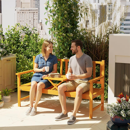 Outsunny Garden Bench 3-Seater Bench with Table, Park Bench with Armrest, Wooden Bench up to 280 kg Load Capacity for Balcony, Patio, Light Brown, 153 x 56 x 91 cm - QUORE