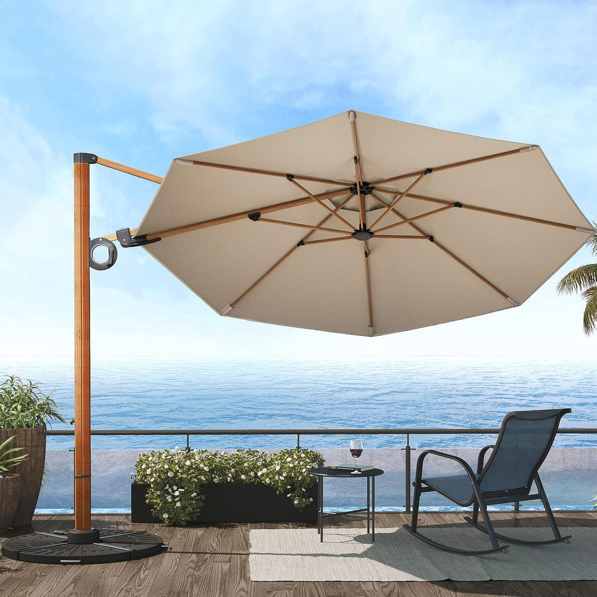 Grand patio Parasol, zonwering, balkon, zweefparasol, 300 cm, met zwengel, winddicht, voor terras, tuin, strand, uv-bescherming 50+, champagne, rond