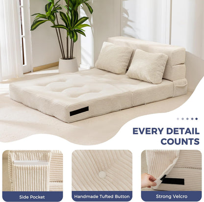 MAXYOYO Opvouwbare schuim slaapbank, drievoudig opvouwbaar matras met 2 kussens, omvormbare slaapbank, futonbed met 15 cm dun schuim, draagbare 3-in-1 vloerbank