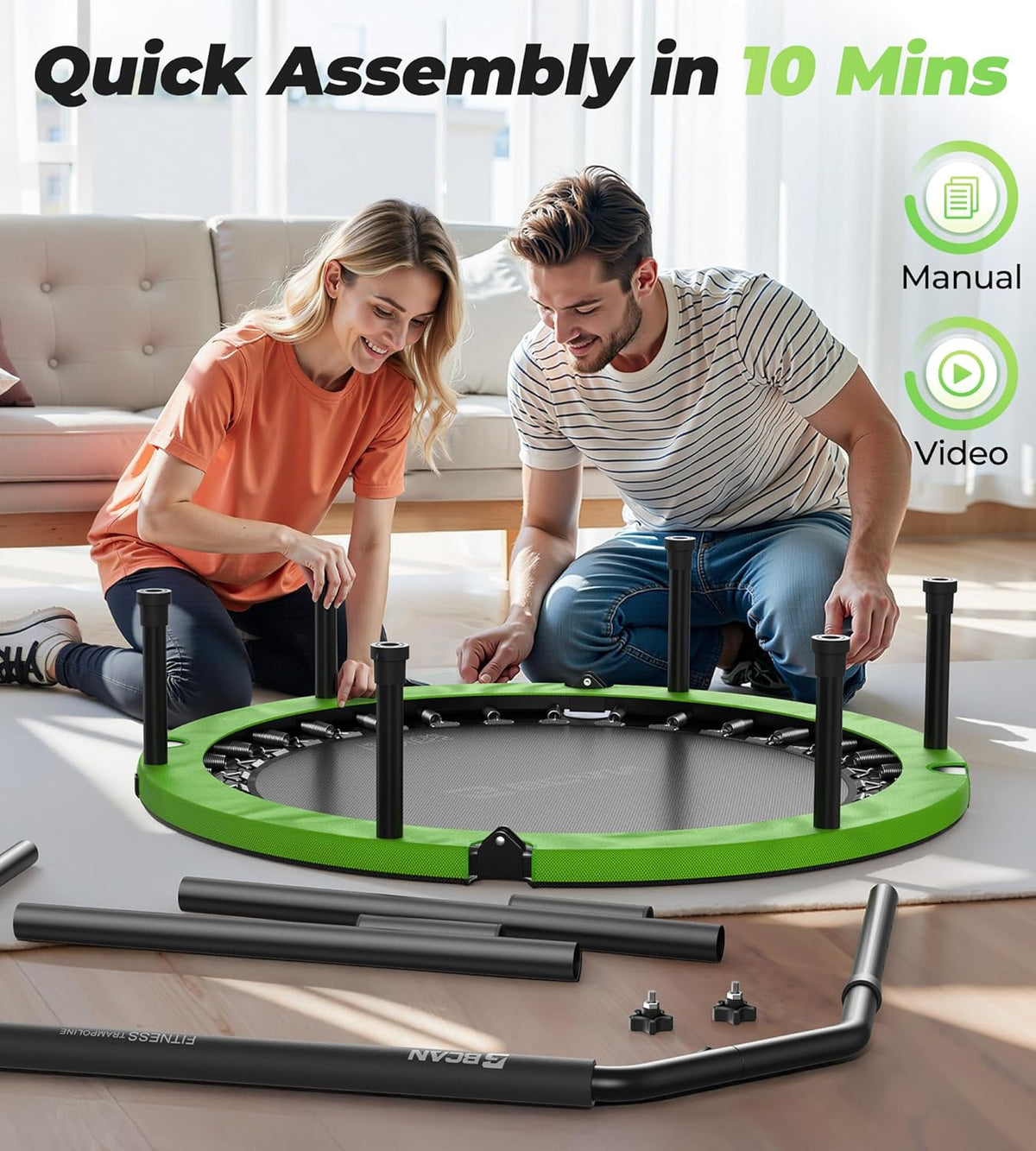 BCAN Indoor trampoline, 102 cm fitness minitrampoline, opvouwbaar, voor volwassenen met verstelbare handgreep, maximale belasting 150 kg, ideaal voor hometraining en fitnesstraining