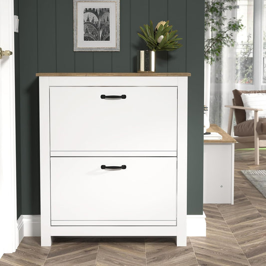 Galano Laverton 2-laags flip-down schoenenkast, slanke moderne schoenopbergkast voor hal, slaapkamer of woonkamer (wit/eiken)