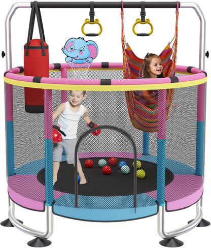 Trampoline voor kinderen, 150 cm, voor binnen en buiten, 200 kg verstelbaar, met basketbalmand en behuizing, cadeau voor jongens en meisjes