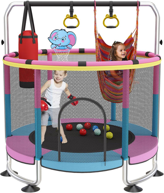 Trampoline voor kinderen, 150 cm, voor binnen en buiten, 200 kg verstelbaar, met basketbalmand en behuizing, cadeau voor jongens en meisjes