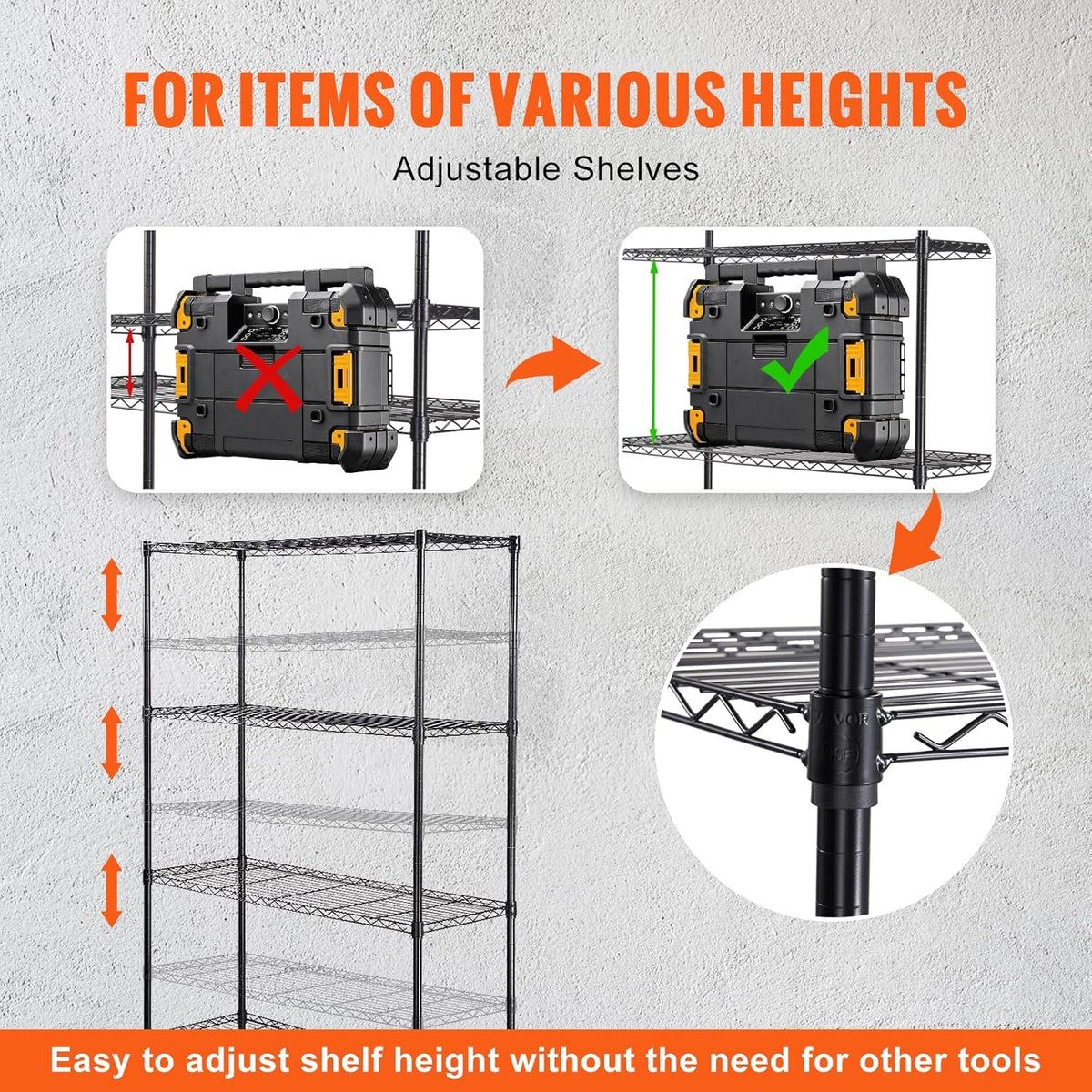 VEVOR Opbergrek met wielen, 4-laags verstelbaar, 700 lbs capaciteit, zware garageplanken metalen organizer draadrek, zwart, 47 x 17,7 inch B x 74 inch H voor keuken voorraadkast kelder badkamer
