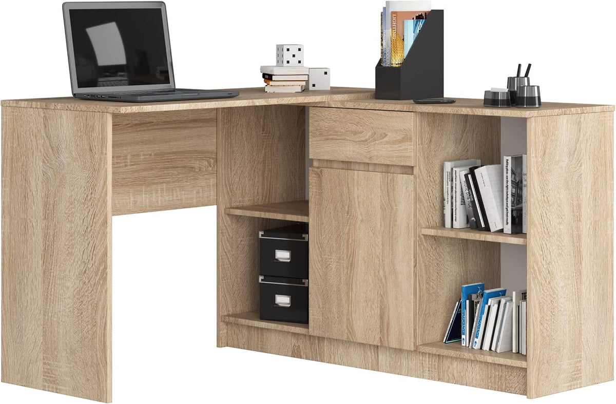 AKORD Corner desk B-17, 2-in-1 combination desk + chest of drawers with 1 drawer, 1 storage compartment with door and 2 open shelves, W120 x H79/77 x T126, 68 kg | Sonoma oak - QUORE