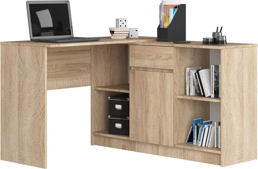 AKORD Corner desk B-17, 2-in-1 combination desk + chest of drawers with 1 drawer, 1 storage compartment with door and 2 open shelves, W120 x H79/77 x T126, 68 kg | Sonoma oak - QUORE