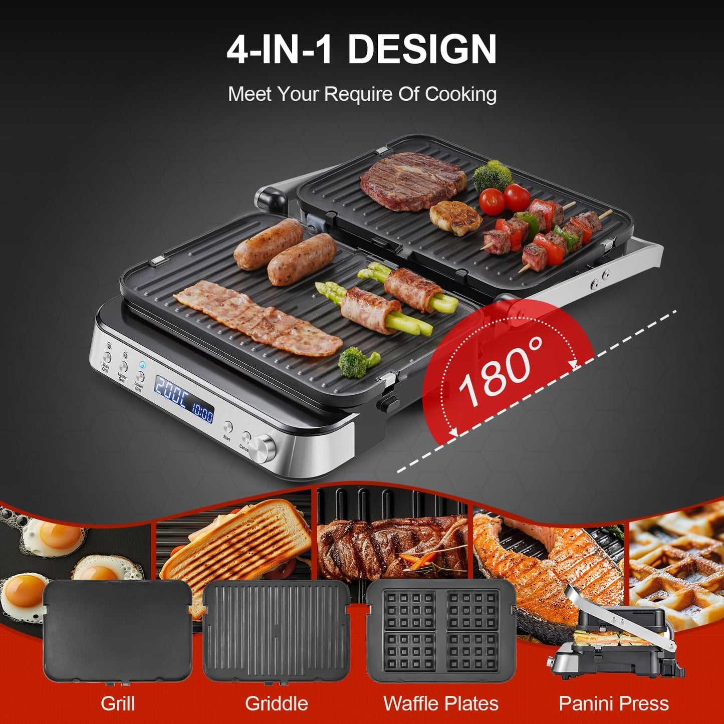 AMZCHEF 4-in-1 machine (contactgrill, Griddle, wafelijzer, sandwichmaker), 2000 W, met 4 afneembare platen met antiaanbaklaag, met vrij instelbare tijd en temperatuur, zwart en zilver