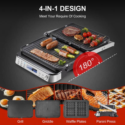 AMZCHEF 4-in-1 machine (contactgrill, Griddle, wafelijzer, sandwichmaker), 2000 W, met 4 afneembare platen met antiaanbaklaag, met vrij instelbare tijd en temperatuur, zwart en zilver