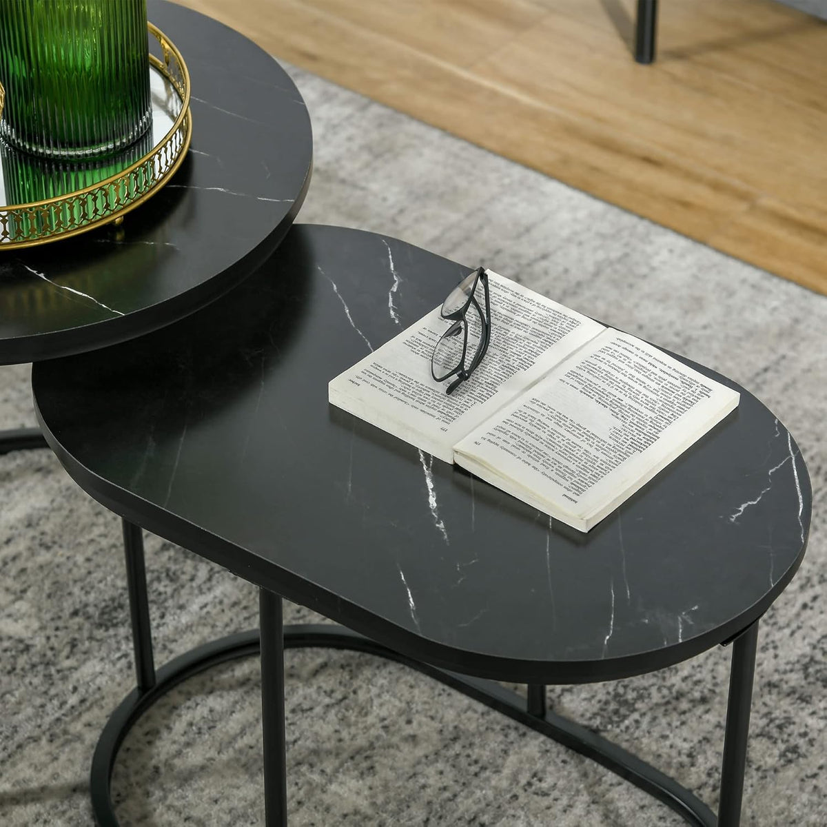 HOMCOM Salontafels, uittrekbaar, van staal en MDF-plaat, marmerlook, ronde en ovale tafel, zwart, 2 stuks