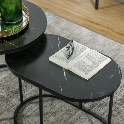 HOMCOM Salontafels, uittrekbaar, van staal en MDF-plaat, marmerlook, ronde en ovale tafel, zwart, 2 stuks
