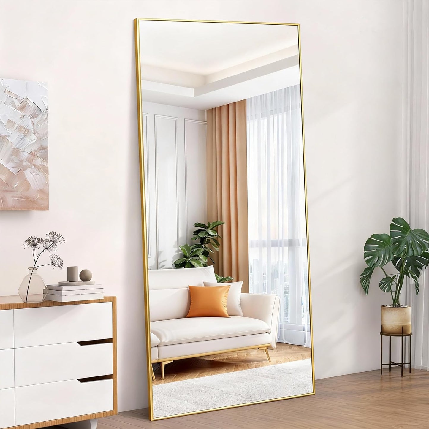 Full-body Spiegel – Vloerspiegel – Wandspiegel – Staande Spiegel – Lichaamsspiegel – 192x85 cm – Gouden Aluminium Frame – Verstelbare Basis