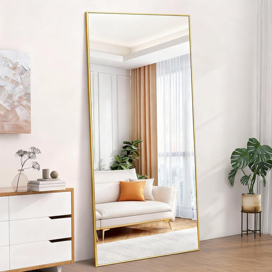 Full-body Spiegel – Vloerspiegel – Wandspiegel – Staande Spiegel – Lichaamsspiegel – 192x85 cm – Gouden Aluminium Frame – Verstelbare Basis