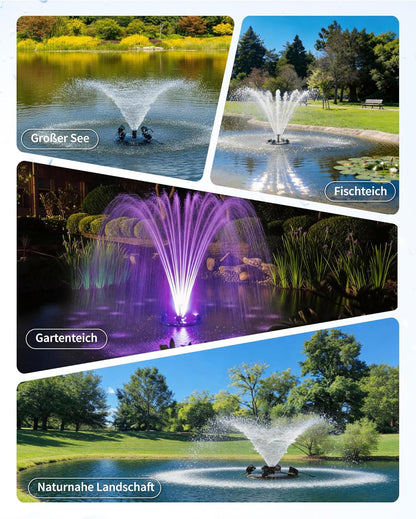 POPOSOAP Drijvende vijverfontein en beluchter, complete set met ledlampen, 4600 l/u waterpomp, 9 m netsnoer, 3 sproeivarianten voor vijvers, zwembaden, meren en watertuinen