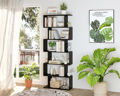 Yusong Boekenplank 6-laags geometrische boekenkast S-vormige boekenplanken voor slaapkamer, moderne houten decoratieve displayplank hoge boekenkast voor thuiskantoor, zwart