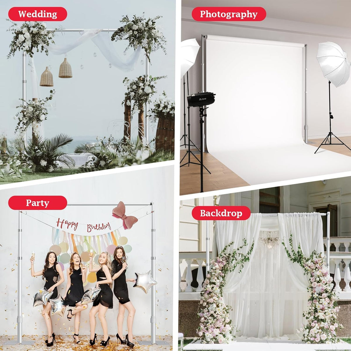 EMART Stabiele Foto Achtergrondstandaard 3x3m, Grote Verstelbare Trouwboog voor Fotostudio, Bruiloft, Banket, Verjaardagsdecoratie, Ballonnenstandaard