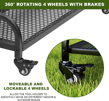 tonchean Opbergorganizer voor tuingereedschap, 360 ° draaibare tuingereedschap, torenrek, trolley met wielen, 3-laags gereedschapshouder, standaard, plank voor garage, tuin, gazon, werkplaats