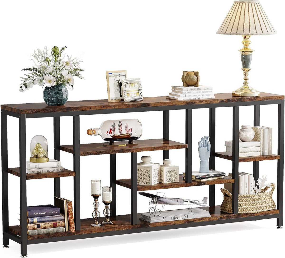 Tribesigns Console Sofa Table, 180cm Extra Long Table Behind Sofa with Storage Shelves, 3-Tier Industrial Narrow Entrance Hallway, Accent Table for Living Room, Rustic Brown