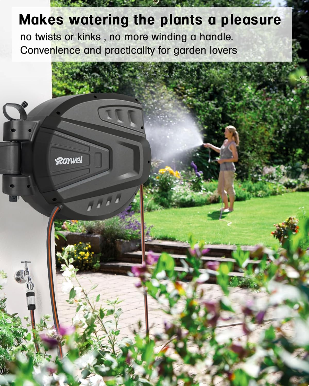 Tuinslanghaspel 20 m, wandgemonteerde slanghaspel zelfvergrendelend systeem/automatisch terugspoelen/wandmontage/180 ° draaibare beugel, muti-functie sproeikop voor tuin, gazon, garage
