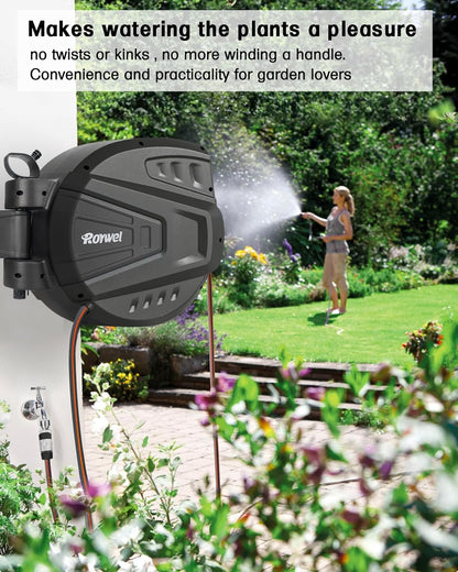Tuinslanghaspel 20 m, wandgemonteerde slanghaspel zelfvergrendelend systeem/automatisch terugspoelen/wandmontage/180 ° draaibare beugel, muti-functie sproeikop voor tuin, gazon, garage