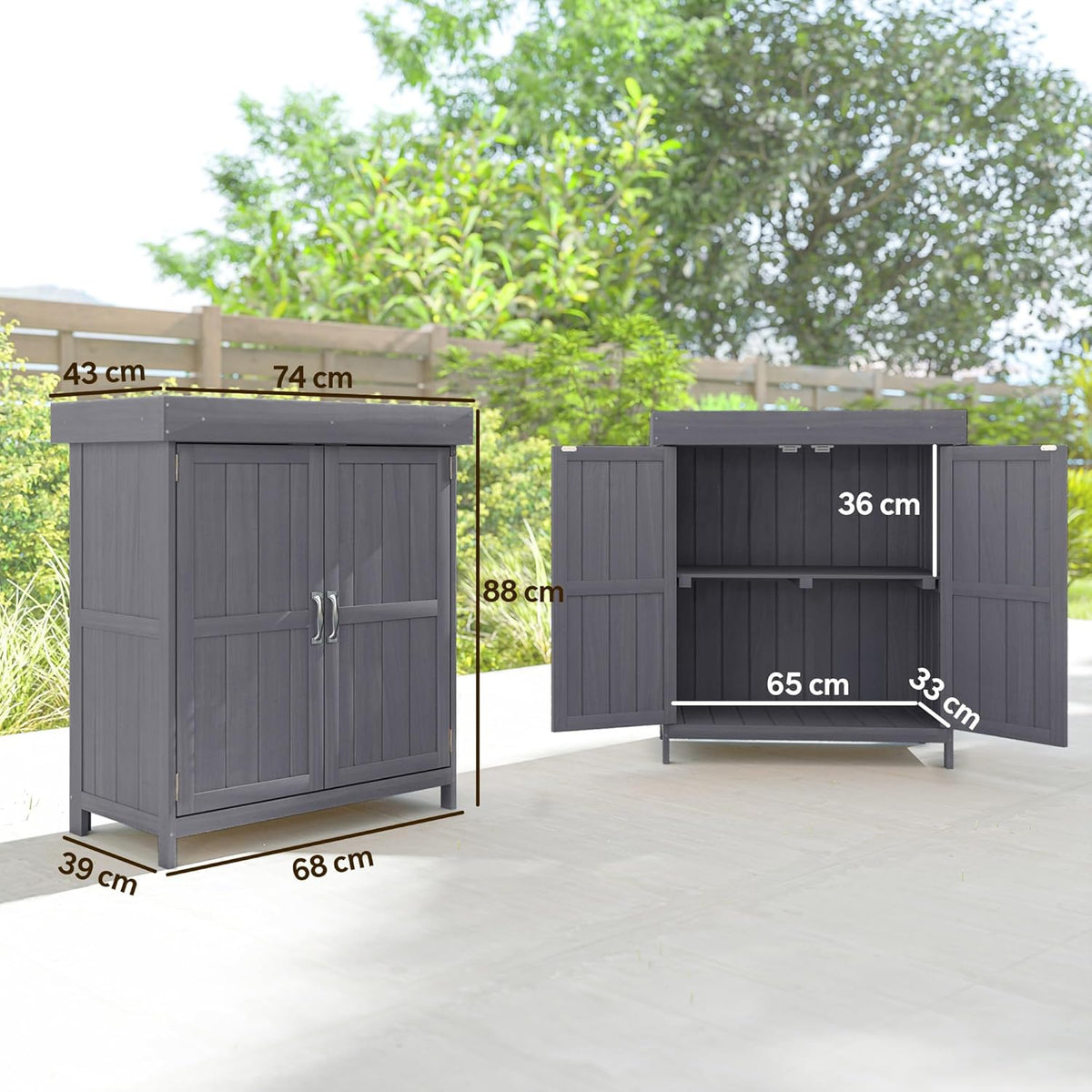 Outsunny Garden Cabinet, Tool Shed with Double Door, Tool Shed with 2 Compartments, Weatherproof Pine Wood, Dark Grey 74 x 43 x 88 cm - QUORE