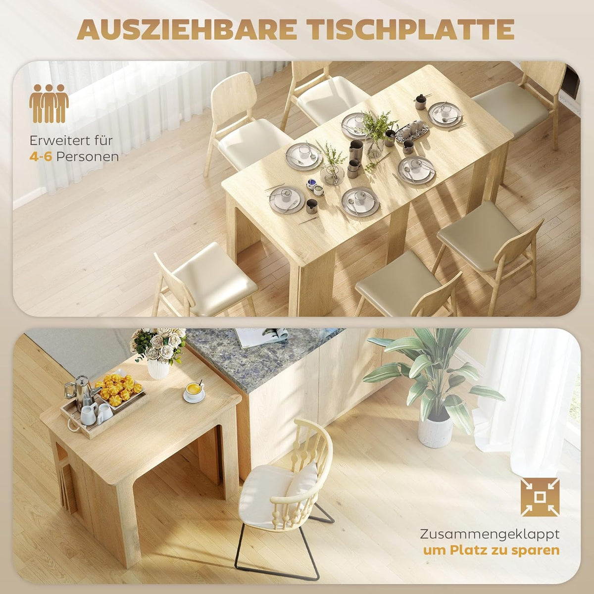 Uittrekbare Eettafel – Uitklapbare Tafel – Keukentafel – Eetkamertafel – Moderne Dining Table – Verstelbaar 60-180 cm – Natuurlijke Houtlook