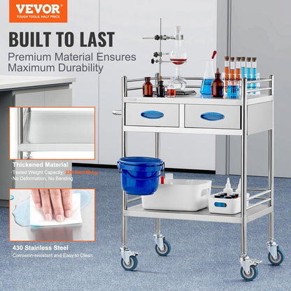 VEVOR Medische trolley met 2 lagen en 2 laden, 59,9 x 42,9 x 85,1 cm, laboratoriumwagen van roestvrij staal, metalen wagen met 4 omnidirectionele wielen voor klinieken, spa en hotels